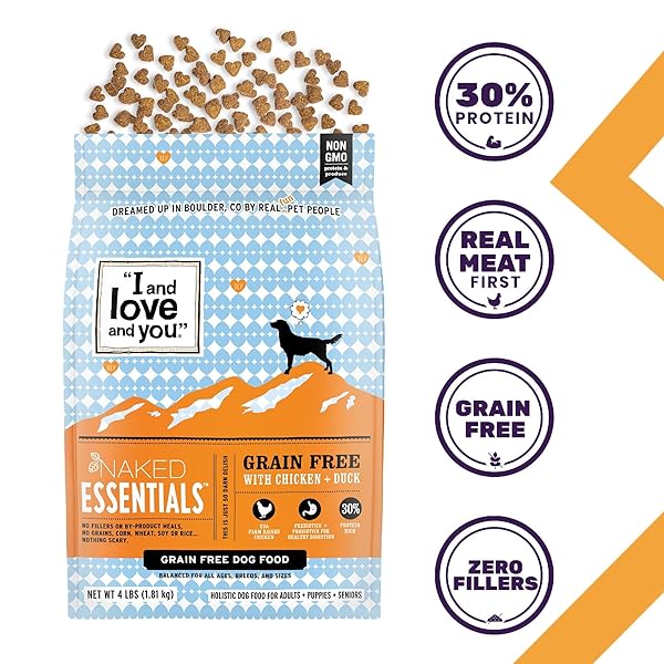 I AND LOVE AND YOU NAKED ESSENTIALS DRY DOG FOOD – CHICKEN + DUCK – HIGH PROTEIN, REAL MEAT, NO FILLERS, PREBIOTICS + PROBIOTICS, 11LB BAG