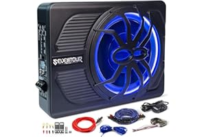 Seventour 10" 800W Slim Under Seat Powered Car Subwoofer, Car/Truck Audio Sub Built in Amplifier, New Upgrade with Blue LED Ambient Light