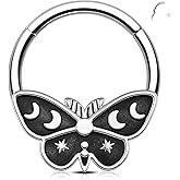 Melighting 16G Butterfly Septum Jewelry, Black Daith Earring 316L Stainless Steel, Halloween Septum Ring Clicker, Cute Helix Cartilage Body Jewellery for Women 8/10 mm