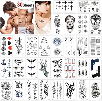 Konsait 30 Feuilles Tatouage Temporaire Pour Homme Femme Enfants étanche Tatouages Temporaires Bras Poignet Noir Body Tattoo Tatouages éphémères