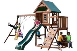Swing-N-Slide PB 9241-1 Knightsbridge Wooden Swing Set with Slide, Swings, Glider, Climbing Wall, Green Slide