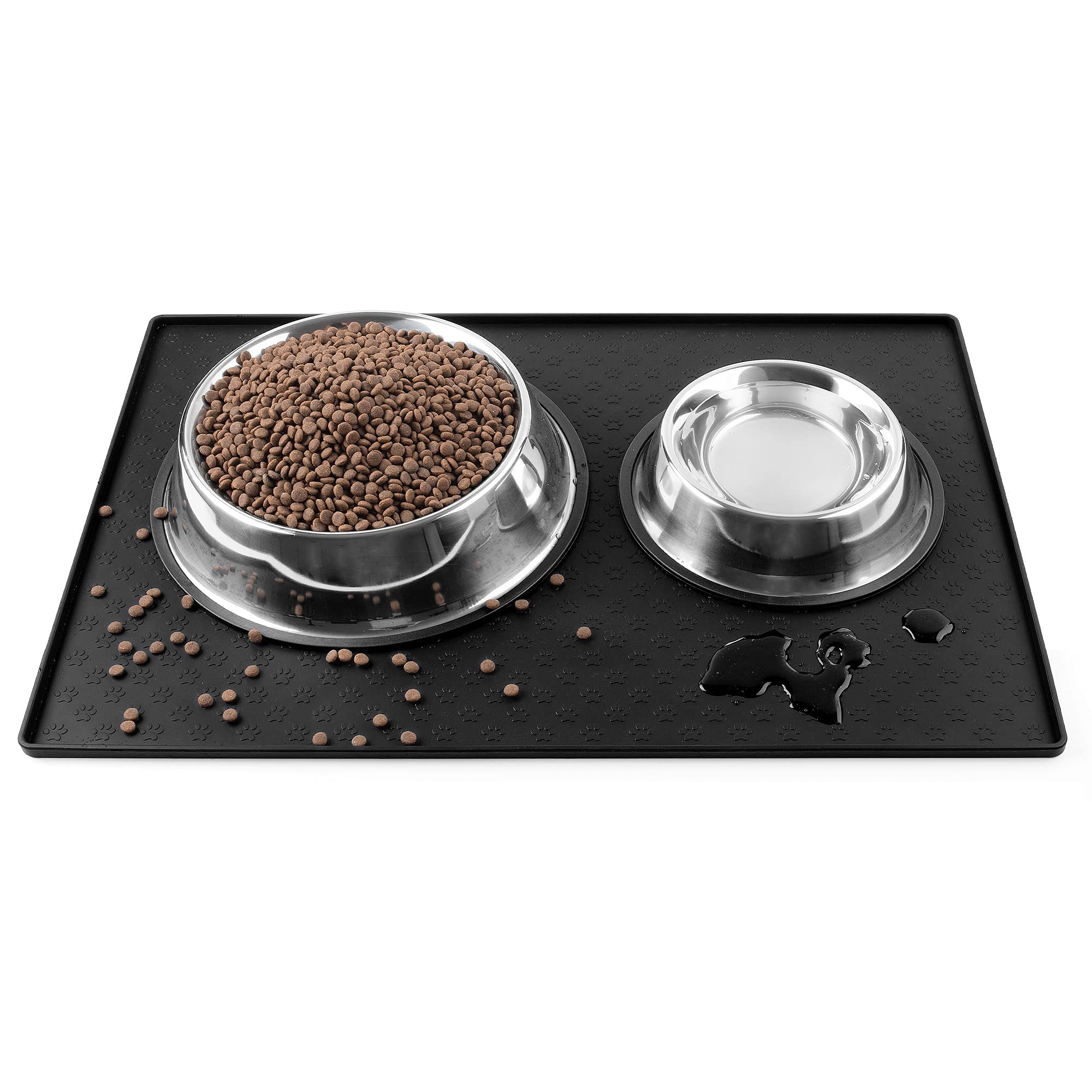 Silicone Dog Cat Bowl Mat Waterproof Pet Feeding Placement Tray to Stop Cat Food Spills and Water Messes Out to Floor (L: 23.6x15.7in, Black)