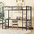 Luckiofvonne Loft Bed Twin XL Size, Metal Loft Bed Frame with Desk and Storage Shelves, Heavy-Duty Kids Loft Beds with Ladder & L-Shape Desk for Boys Girls Teens, Black