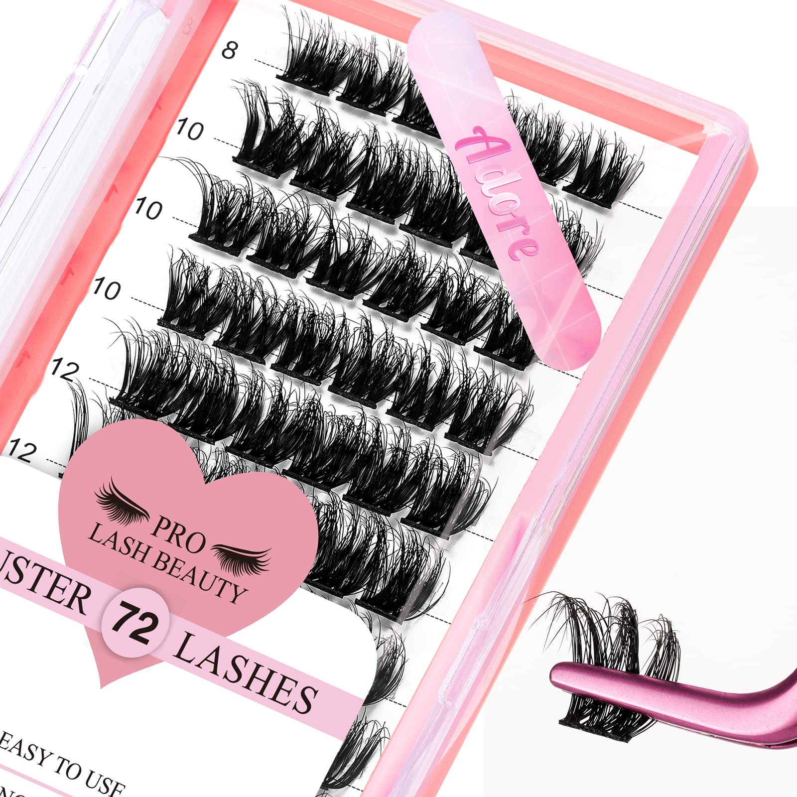 PRO Lash Clusters, 72 Pcs Individual Cluster Lashes 3D Effect DIY Lash Extension 8-16mm Eyelash Clusters Volume Wispy Lashes Super Thin Band Reusable Soft & Comfortable(Adore-3D Fluffy,D-8-16mix)