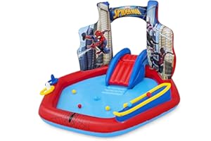 BESTWAY Marvel Spider-Man Inflatable Kids Backyard Water Play Center - Outdoor Sprayer Splash Kiddie Pool with Water Slide Arch, 6 Balls, Ring Toss