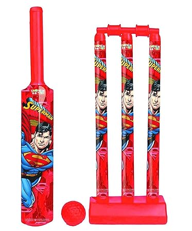 Zitto Superman Senior Cricket Set with 1 Plastic Bat and Ball, 3 Wickets, Base and Bail