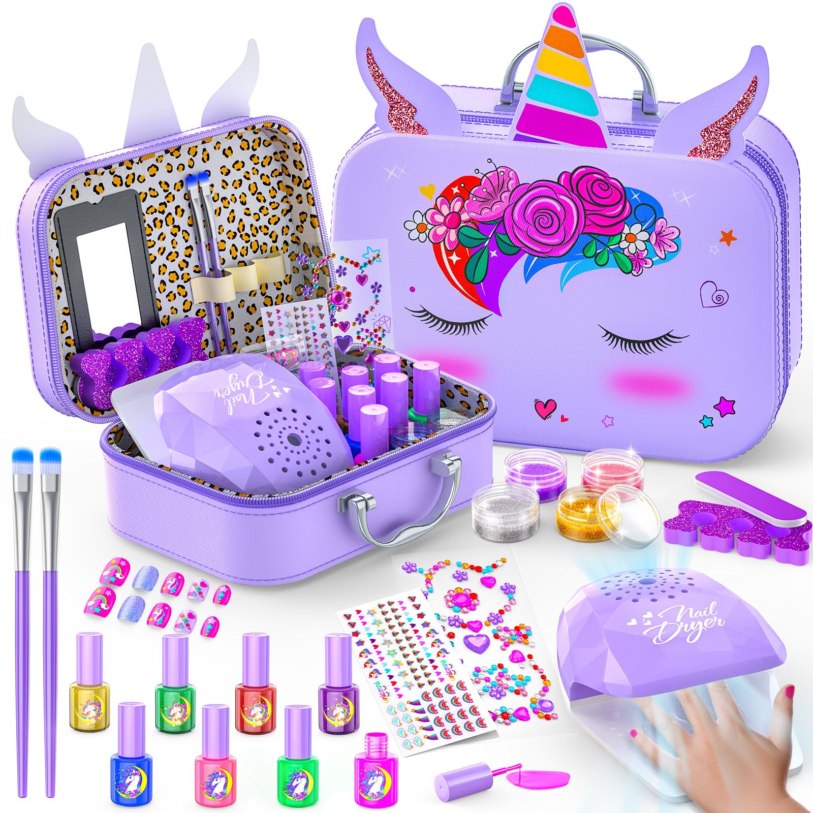 Kids Nail Polish Set for Girls, Non-Toxic All-in-One Nail Art Kit with Nail Dryer and Peelable Nail Polish, Ideal Gift Toys for Girls Age 3-12