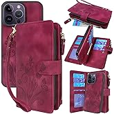 Lacass Compatible with iPhone 14 Pro Max 6.7 inch Case [ Card Slots] ID Credit Cash Holder Zipper Pocket Detachable Magnet Leather Wallet Cover with Wrist Strap Lanyard(Floral Wine Red)