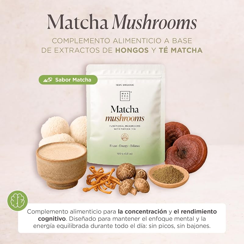 Cogumelos Matcha 100 g – Chá Matcha Cerimonial com 6 Cogumelos Funcionais (Juba de Leão, Reishi, Chaga, Cordyceps, Shiitake, Maitake) – Equilíbrio Energético de Foco – Origem Japonesa