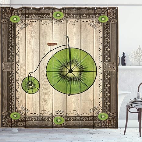 Amazon Co Jp キウイシャワーカーテン アンティークフレームイラストのフルーツホイールと抽象的なレトロなバイク フック付き布生地のバスルームの装飾セット 70 ロング ブラウングリーン 180x180 Cm ホーム キッチン