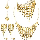 Lnngub 8 Pcs Belly Dancing Jewelry,Belly Dancer Outfit Set Including 2 Coin Bracelets 1 Coin Veil Necklace 1 Pair of Gold Boho Earrings and 1 Gold Sequins Head Accessory for Women