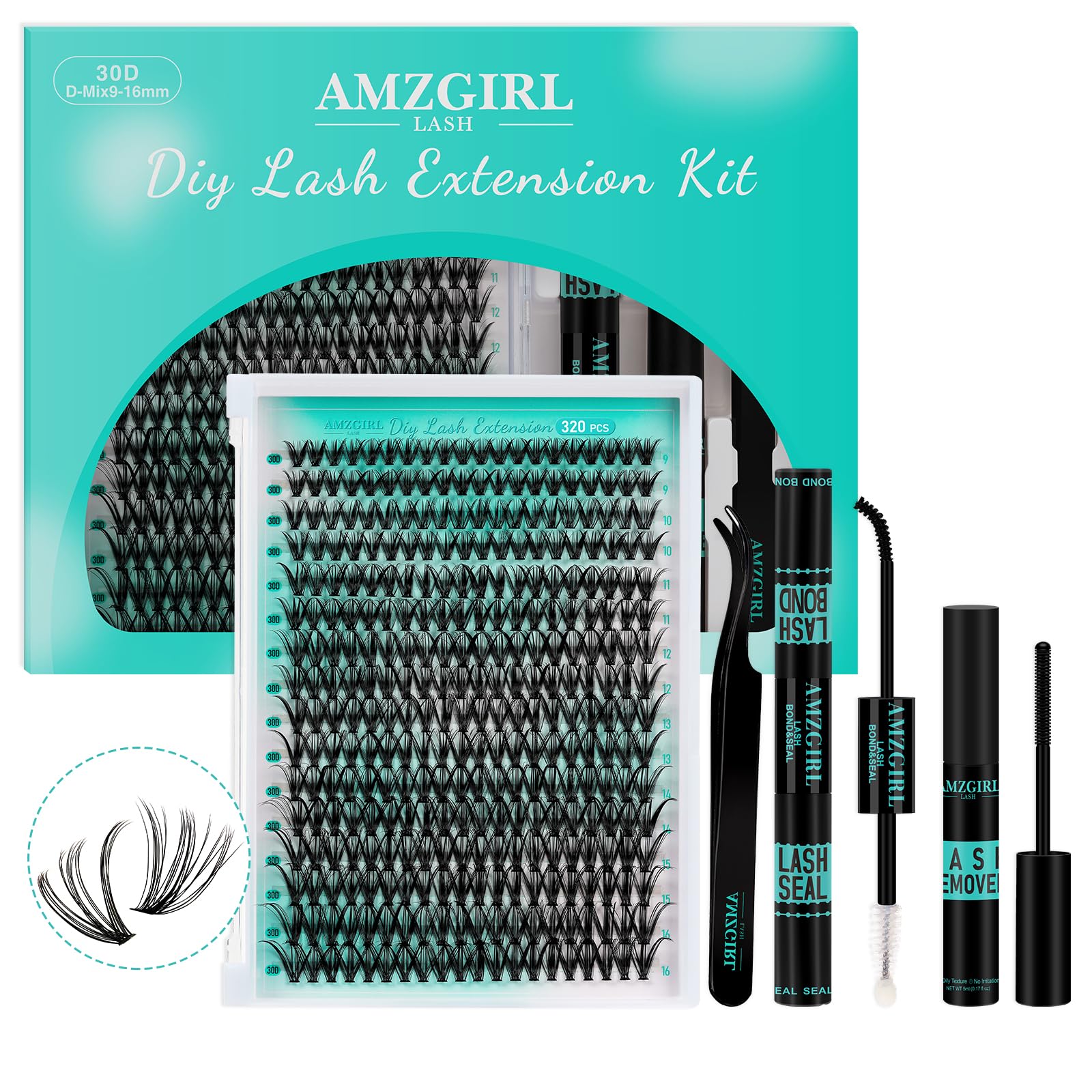 Lash Extension Kit 320Pcs,DIY Individual Lashes Clusters Kit,Lash Bond And Seal,Lash Remover For Eyelashes Extensions,Lash Applicator Tool For False Eyelash Cluster Kit At Home(30D,D-Mix9-16mm Kit) — image 1