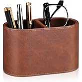 MEIBOOCH Pen Holder for Desk, Small Remote Control Holder, Brown | 2-Compartment Oval Pencil Cup with Soft Velvet Lining, PU Leather Desktop Organizer Caddy for Home School Office Desk