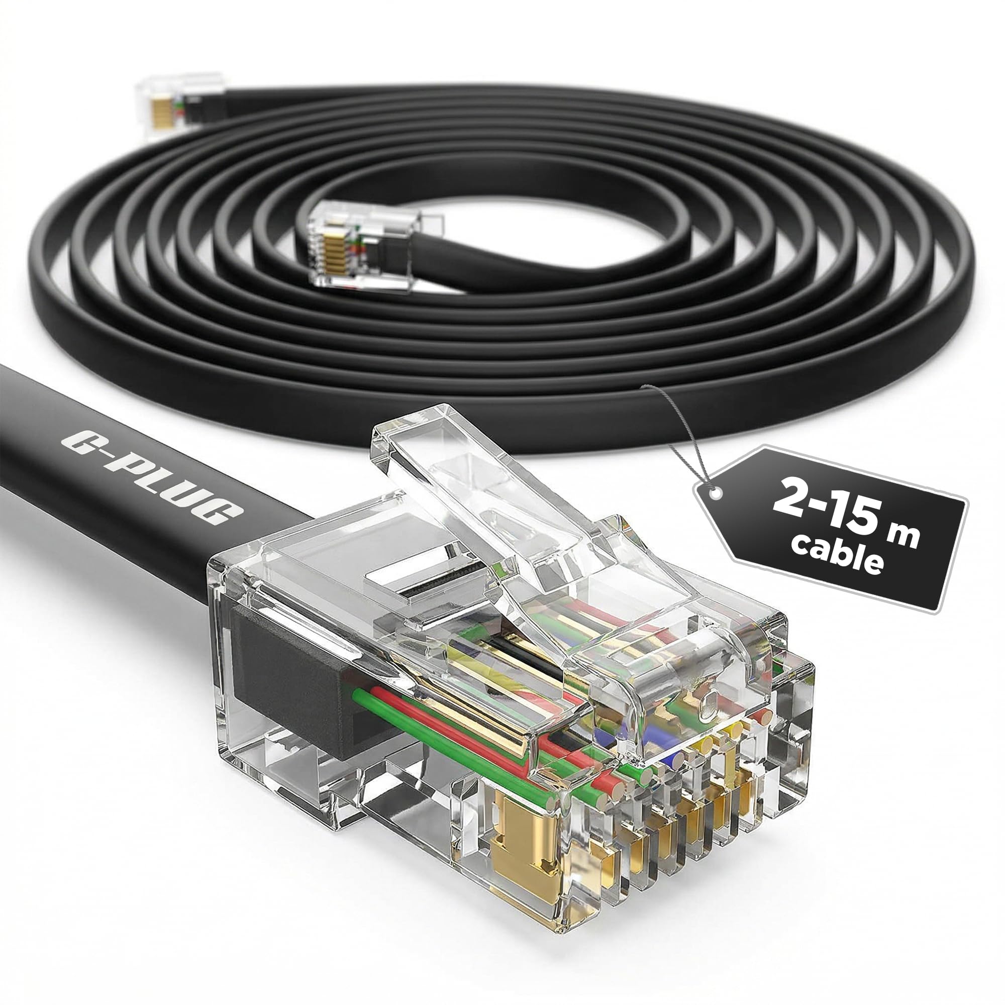 G-PLUG Telephone Extension Cable 2m – RJ11 to RJ11 Phone Lead for Landline & ADSL Broadband Router, 4-Pin Straight-Through (Black)