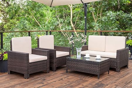 Amazon Com Homall 4 Pieces Outdoor Patio Furniture Sets Rattan Chair Wicker Conversation Sofa Set Outdoor Indoor Backyard Porch Garden Poolside Balcony Use Furniture Beige Garden Outdoor