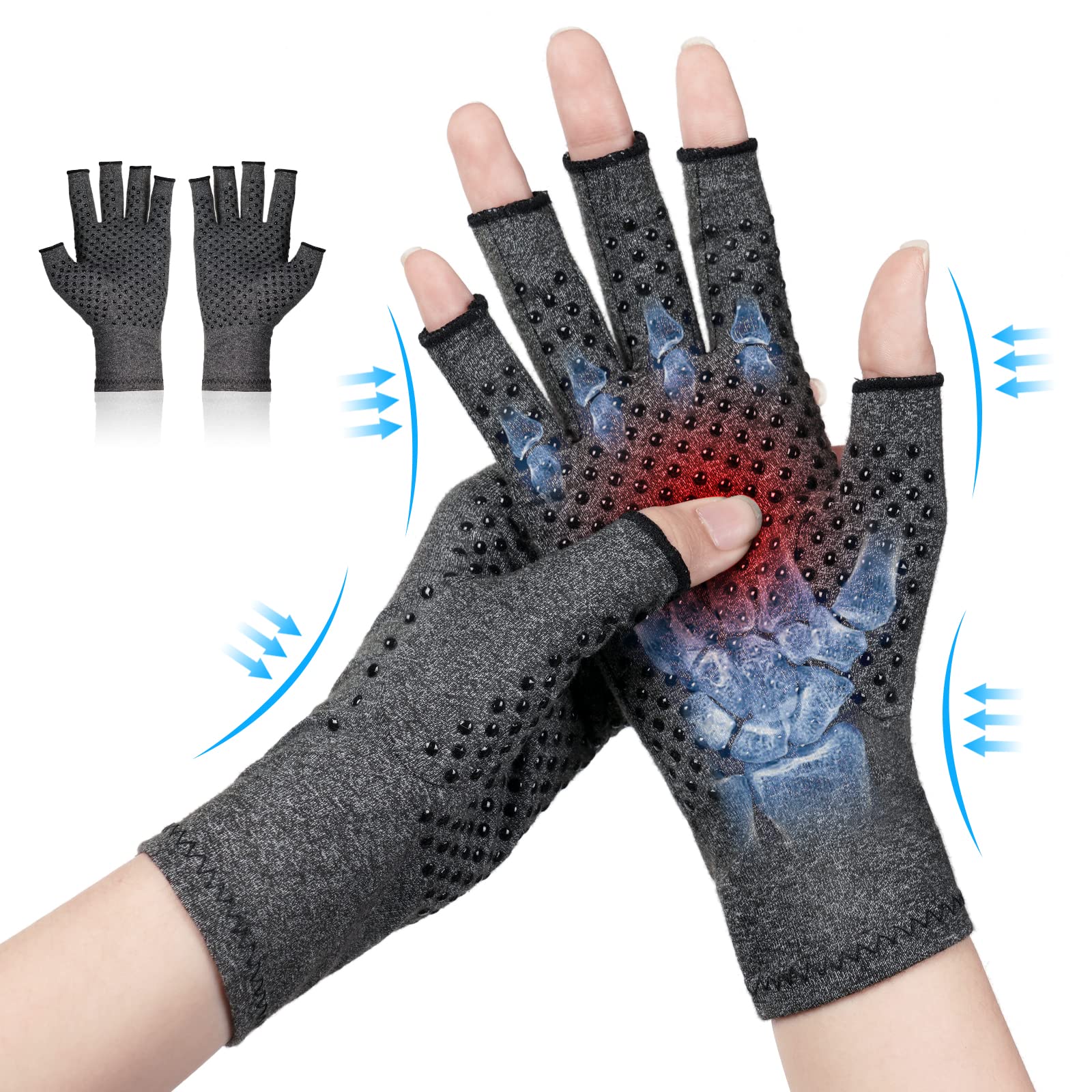 ACWOO Arthritis Gloves, Compression Gloves Therapy for Arthritis Pain Relief, Hand Fatigue, Anti-Slip Fingerless Design for Women and Men, Provide Support for Hands and Finger Joint, Grey(L)