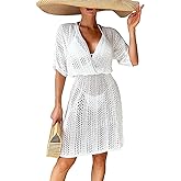 WDIRARA Women's Hollow Out Beach Cover Up Half Sleeve Wrap Plunge V Neck Coverup Dress See Through Coverups