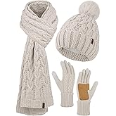 Aneco Women Winter Beanie Hat Scarf Gloves with Pom Pom Fleece Lined Touchscreen Gloves Set Thick Warm Knit Cap 3-in-1 Set