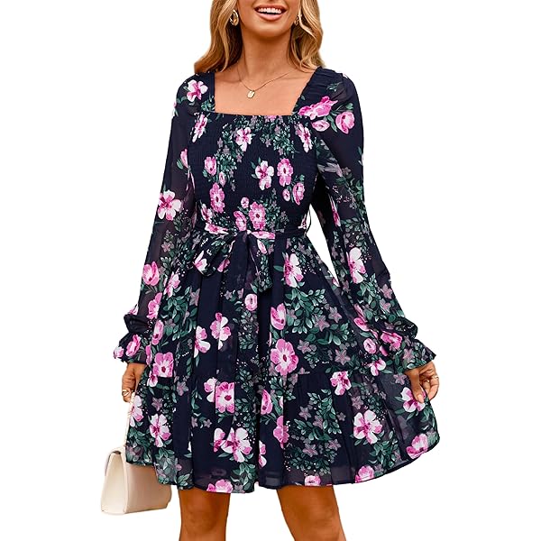 Prettywear Wedding Guest Dresses for Women 2026 Spring Summer Fall Floral  Chiffon Wrap Neck Flowy Mini Long Sleeve Dress Black at Amazon Women's  Clothing store