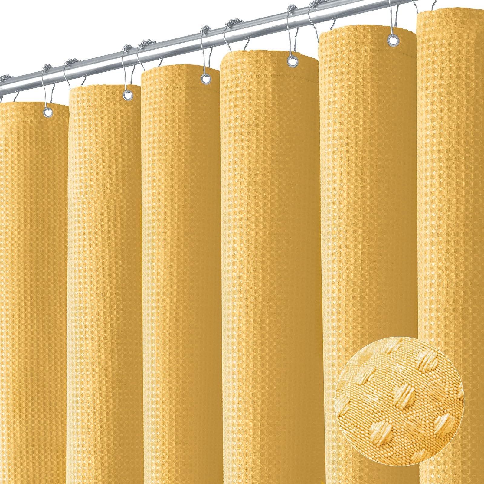 Photo 1 of Dynamene Gold Fabric Shower Curtain - Waffle Weave Textured Heavy Duty Cloth Shower Curtains for Bathroom, 256GSM Hotel Luxury Weighted Bath Curtain Set with 12 Hooks,72x72, Gold