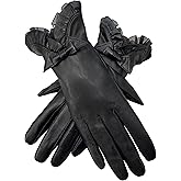 HELIDA Winter Fashion Gloves for Women Genuine Sheepskin Leather Warm Cashmere Lining Lace Bow Design Touchscreen Windproof Driving Gloves
