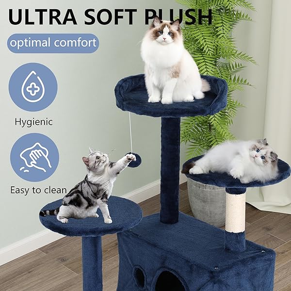 FDW | 54″ CAT TREE TOWER | DARK BLUE | MULTI-LEVEL INDOOR ACTIVITY CENTER WITH SISAL SCRATCHING POSTS, CONDOS, PLUSH PERCHES, HANGING CAT TOYS | STURDY, EASY TO ASSEMBLE | FOR KITTENS & ADULT CATS