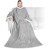 PAVILIA Sherpa Wearable Blanket with Sleeves and Pocket, Plush Thick Cozy Body Blanket Wrap for Adult Women Men, Christmas Gift for Wife Mom, Light Grey