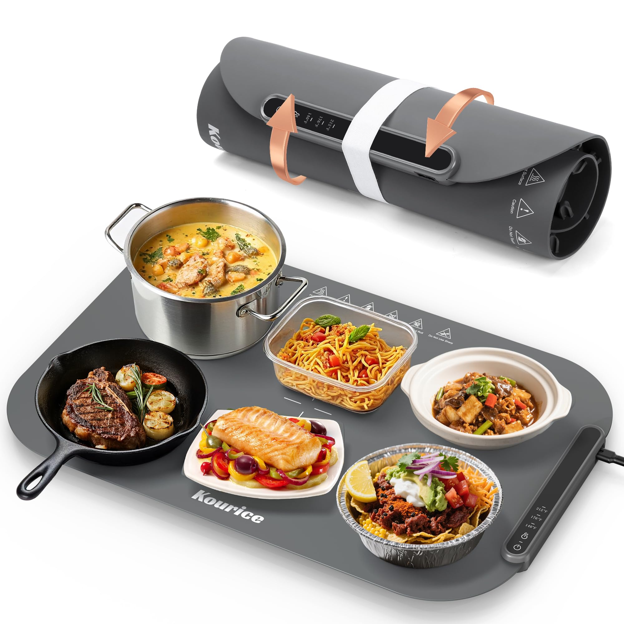 Photo 1 of Kourice Food Warming Mat, Fast Heating Silicone Electric Warming Tray, 3 Temperature Settings, Auto Shut-Off, Raised Feet Protects Table, Roll Up Food Warmer for Gatherings,Parties, Everyday Use