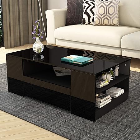 High Gloss Black Rectangle Coffee Table With With Storage Shelves Modern Tea Table Living Room Furniture Amazon Co Uk Kitchen Home