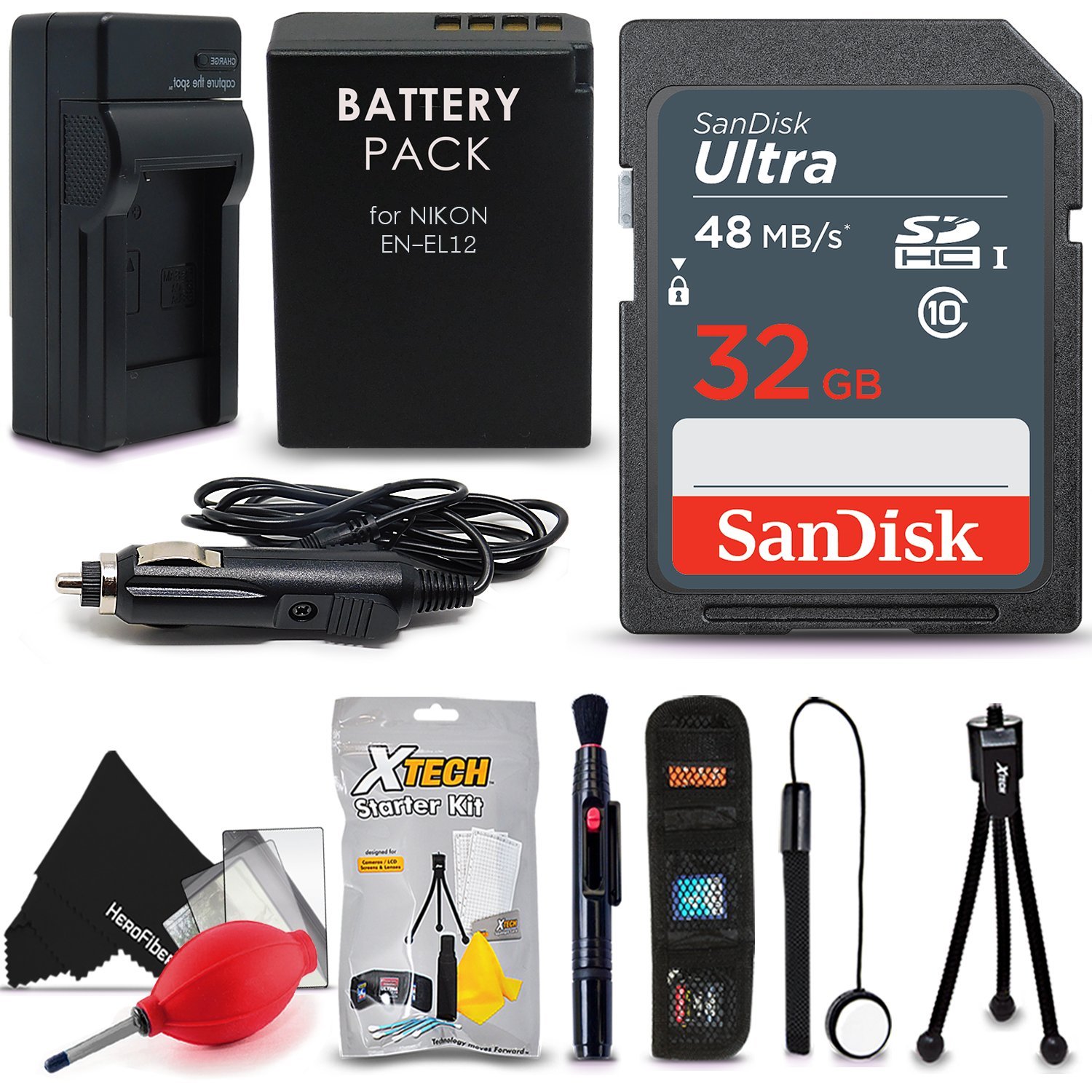 SanDisk 32GB Ultra SD Memory Card + EN-EL12 Battery / Charger + Xtech Starter Kit for NIKON Coolpix W300 AW100 AW110 AW120 S9500 S9300 S9200 S9100 S8200 S8100 S6300 P330 Digital Cameras by HeroFiber