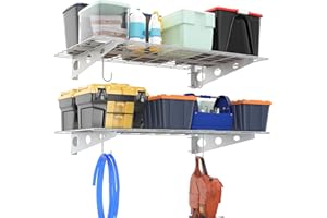 Ultrawall Garage Wall Shelves, 2 x 4 ft Wall Mounted Storage Shelves, Heavy Duty Wall Shelving with Hooks, Holds Up to 220 Lbs, 2Pack, White
