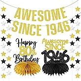 Zirtorei 80th Birthday Decorations Awesome Since 1946 Banner for Men Women, 4Pcs Black Gold 80 Birthday Hanging Sign Party Supplies, Eighty Year Old Bday Table Honeycomb Centerpieces