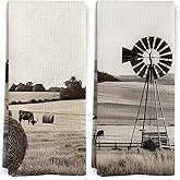 BitKAM Farmhouse Highland Western Cow Decor Kitchen Towels, Rustic Western Dish Tea Towels for Kitchen Decor, Retro Country Decorative Hand Towels for Bathroom Decor, 16x24 Inch Set of 2