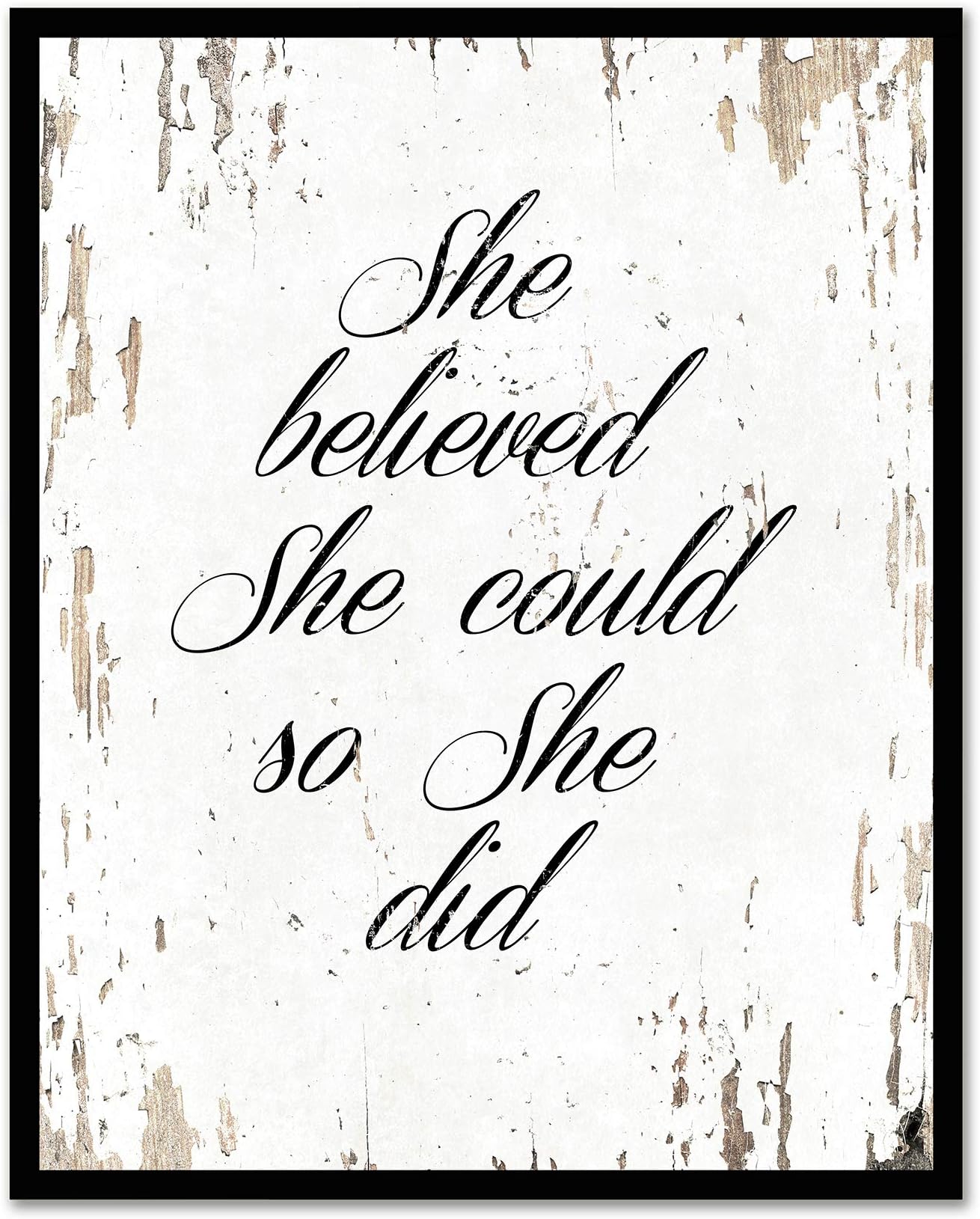She Believed She Could So She Did - FRAMED - Quote Motivational Wall Art Canvas Print Home Decor, Black Real Wood Frame, White, 14x18