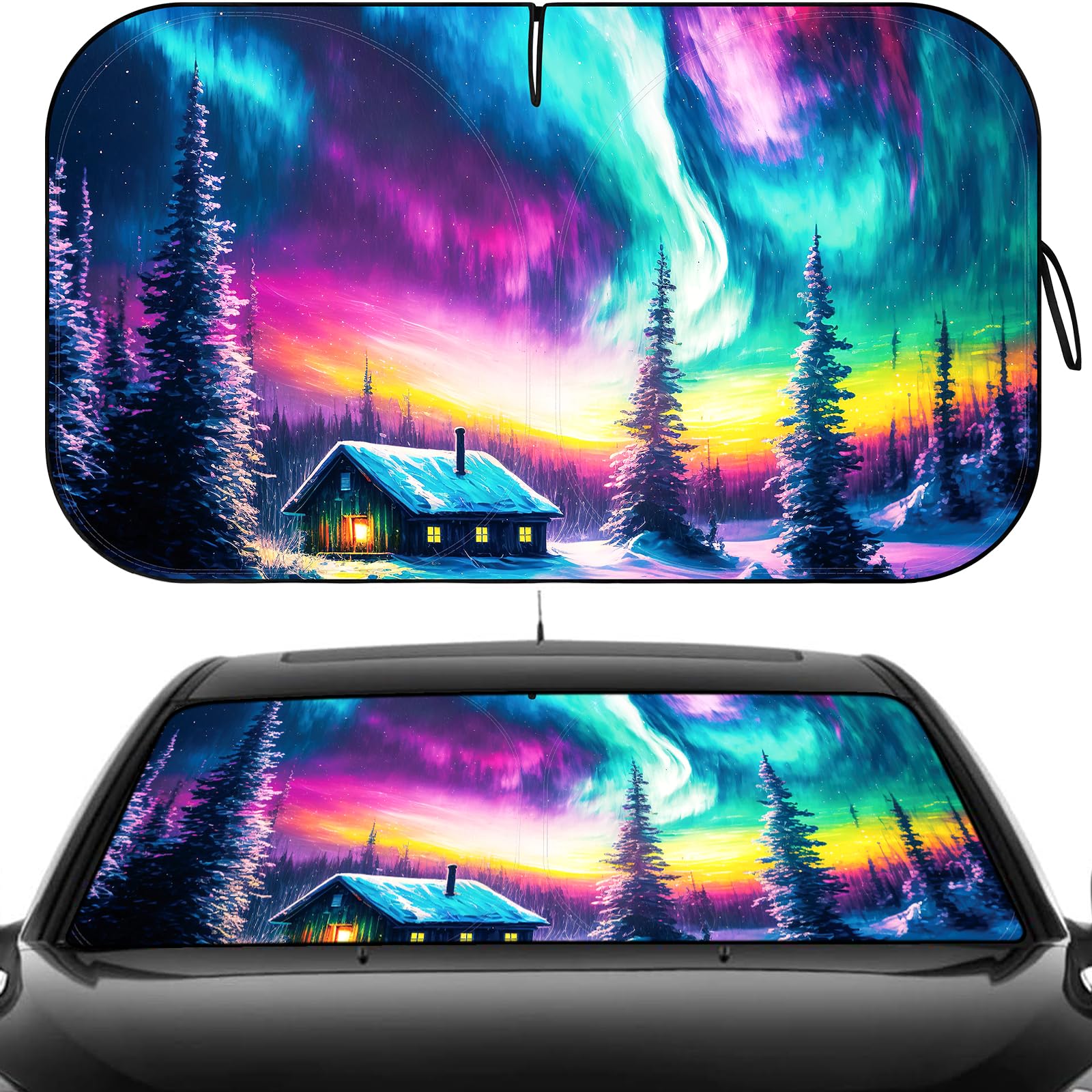 Photo 1 of Windshield Sun Shade - Windshield Sun Shade Foldable, Car Sun Shade Windshield Keeps Interior Cool, Foldable Sunshade for Car Windshield with Storage Bag for Cars, SUVs, 55'' x 32''