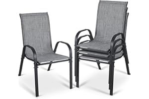 MAMIZO Patio Dining Chairs, Stackable All Weather Teslin Chair, Heavy Duty Outdoor Breathable Chairs Set, w/Armrests, Upgraded Chair FeetW/Strenthened Iron Spacers, 330 LBS (4, Grey, 26.4″)