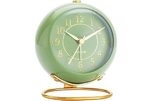 rjuwurv Metal Desk Clock, Retro Bedroom Table Vintage Analog Alarm Clock, Silent Non-Ticking Gold Clock, Bedside Décor(Olive-Green)