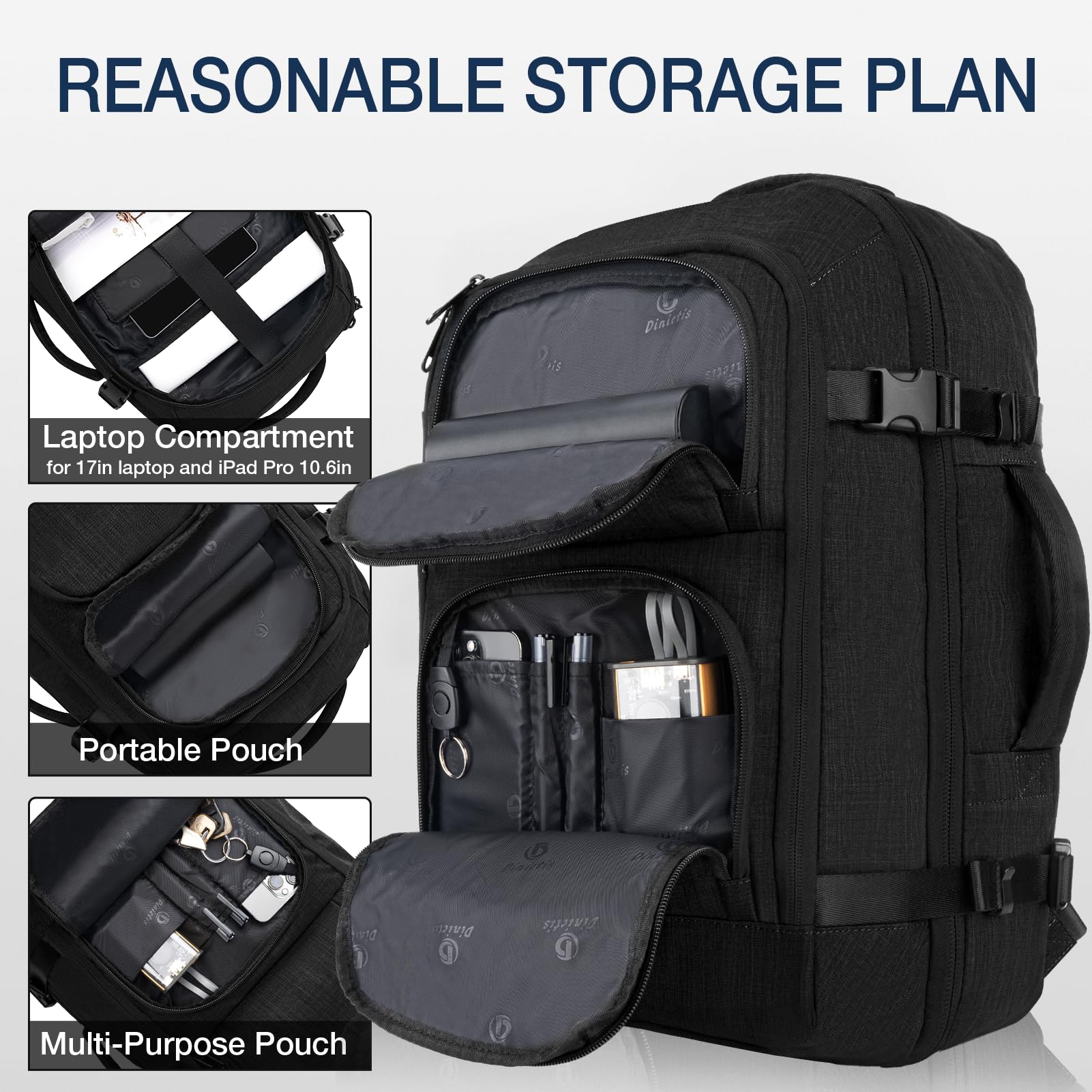 Dinictis Travel Backpack Carry on Flight Approved, Backpack Suitcase for Travel, Personal Item Travel Bag fits 17 inch Laptop-Black