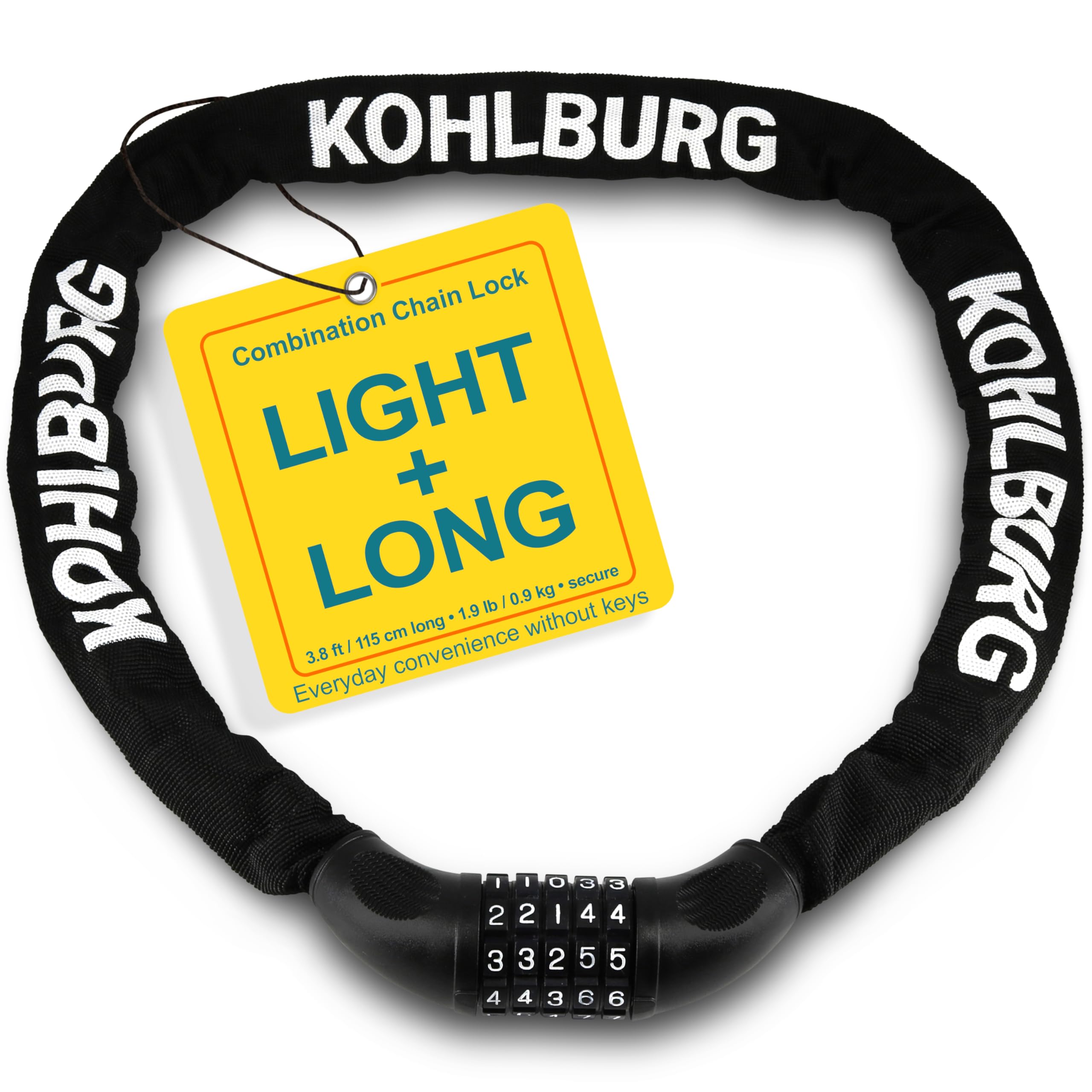 KOHLBURG Extra Long Bicycle Combination Lock - 45" / 3.8 ft Chain & 0.24” Strong Number Combination Bike Lock - Secure Chain Lock Almost 4 ft - Security 5-Digit Bike Lock Combo for Bicycle & e-Bike