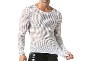 QiaTi Men's Fishnet Shirt Mens Fishnet Top Mesh Transparent Long Sleeve Muscle T-Shirt Net Undershirt Top