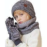Kids Winter Hat Gloves Scarf Set，Mixed-color Beanie hat Knit Neck Fleece Lining Touchscreen Gloves for Girls Boys 4-10Y