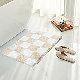 Tititex Luxury Cream White Checkered Grid Bathroom Rug, 16"x24" Classic Checkerboard Extra Soft and Absorbent Microfiber Bath Rugs, Non-Slip Plush Shaggy Bath Carpet for Bathroom Floor