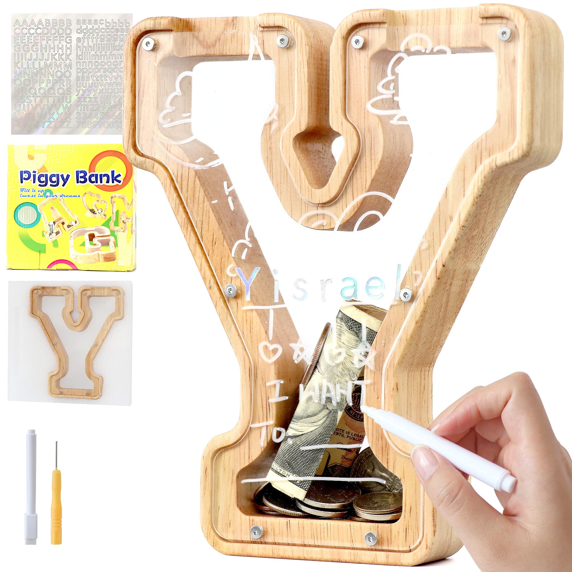 Mikytoper Letter Money Box Wooden Personalized A-Z Alphabet Piggy Bank Clear Money Bank Coin Bank for Gift Decoration Baptism (Y)