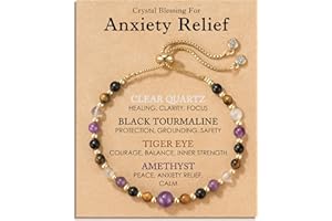 HGDEER Natural Crystal Healing Bracelet for Women - Amethyst Tiger Eye Black Tourmaline Clear Quartz - Anxiety Relief Gemstone Jewelry with Blessing Card