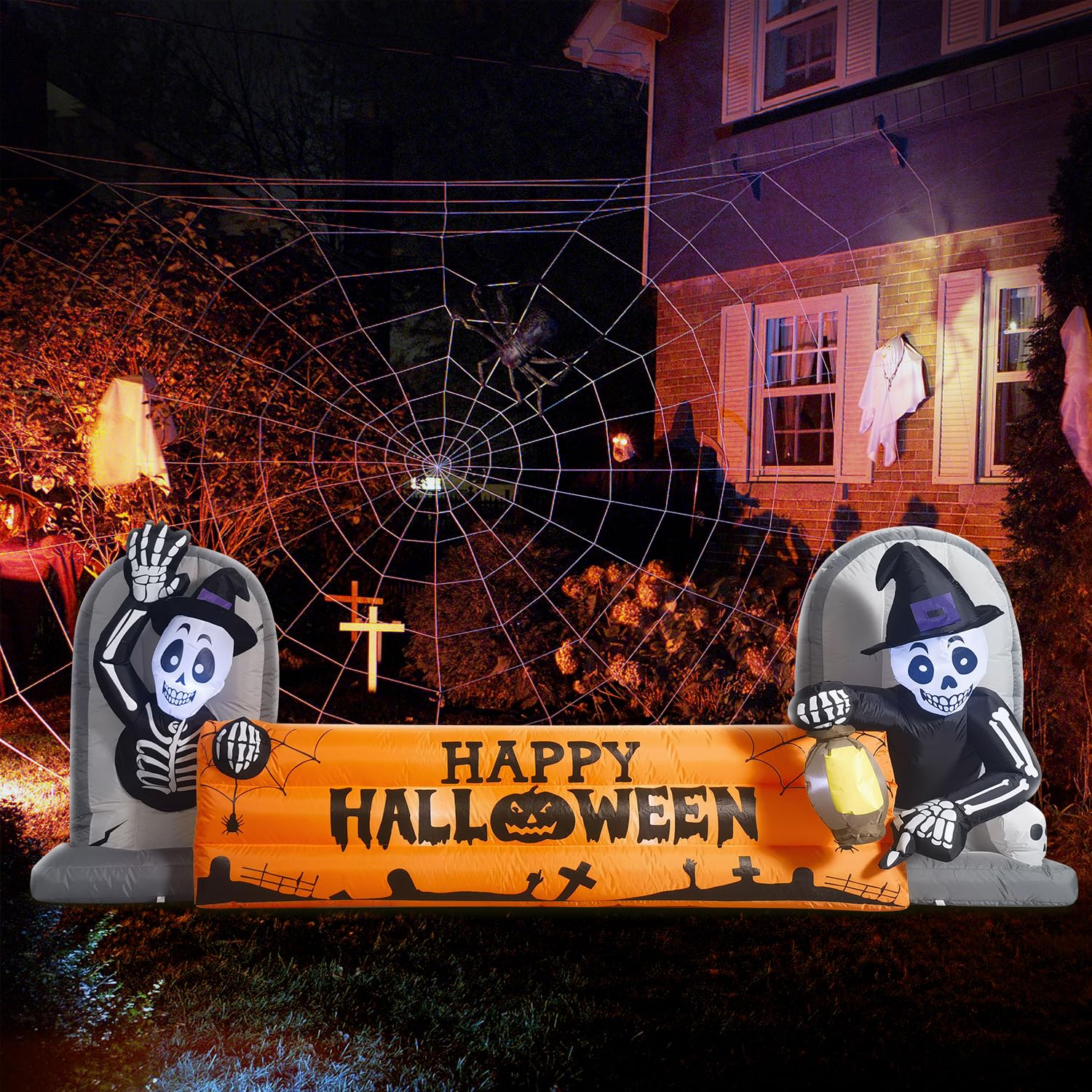 Photo 1 of 10FT Large Halloween Inflatable Decorations Skeleton Tombstone Banner, Build-in LED Lights Holiday Blow Up Yard Decoration for Halloween Holiday Party Outdoor?Garden Yard Lawn Decor