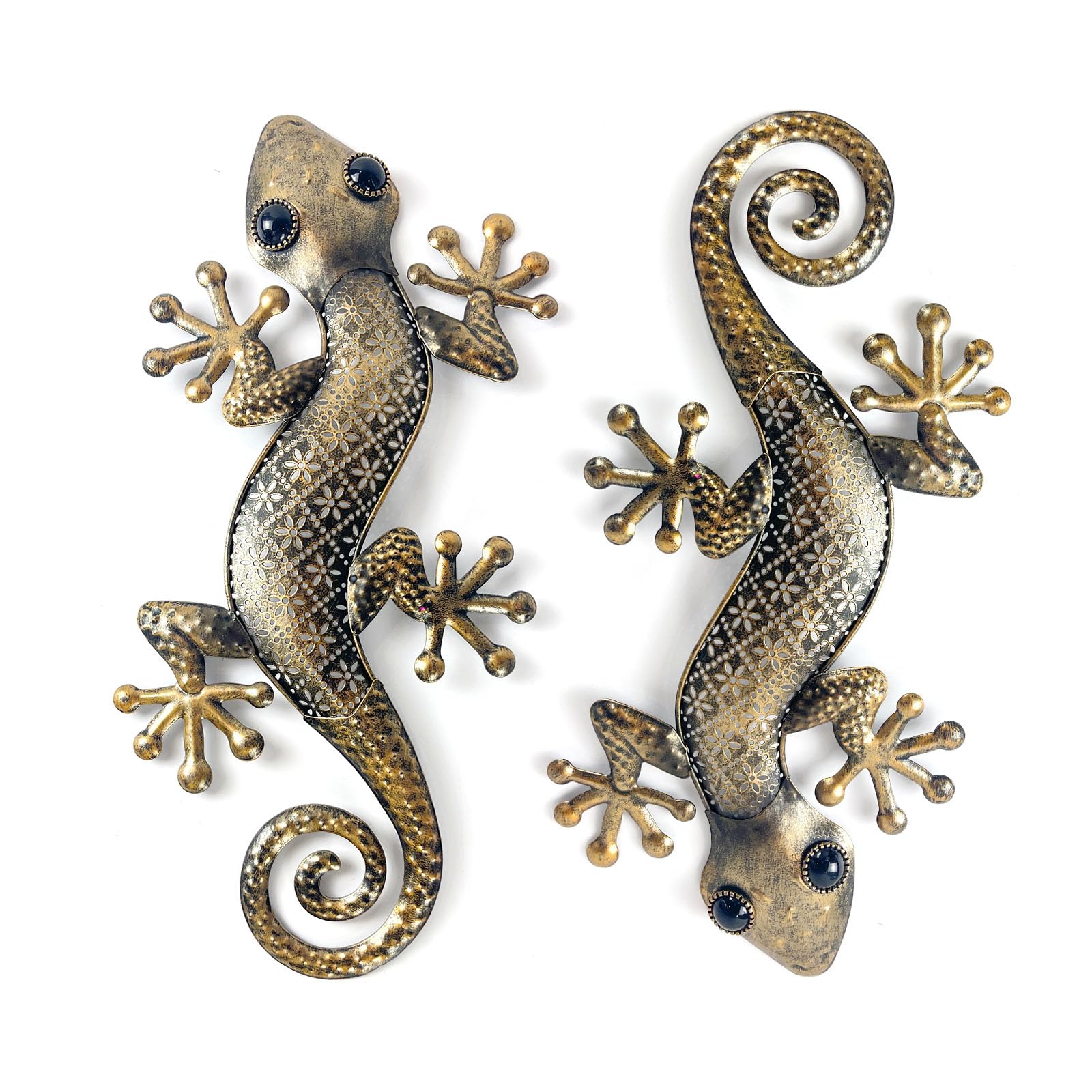 Liffy Gecko Metal Wall Art Decor 2 Pack 15 Inch - Indoor & Outdoor Lizard Wall Art Hanging Sculpture for Home and Garden Decorations Bronze (gold lizard)