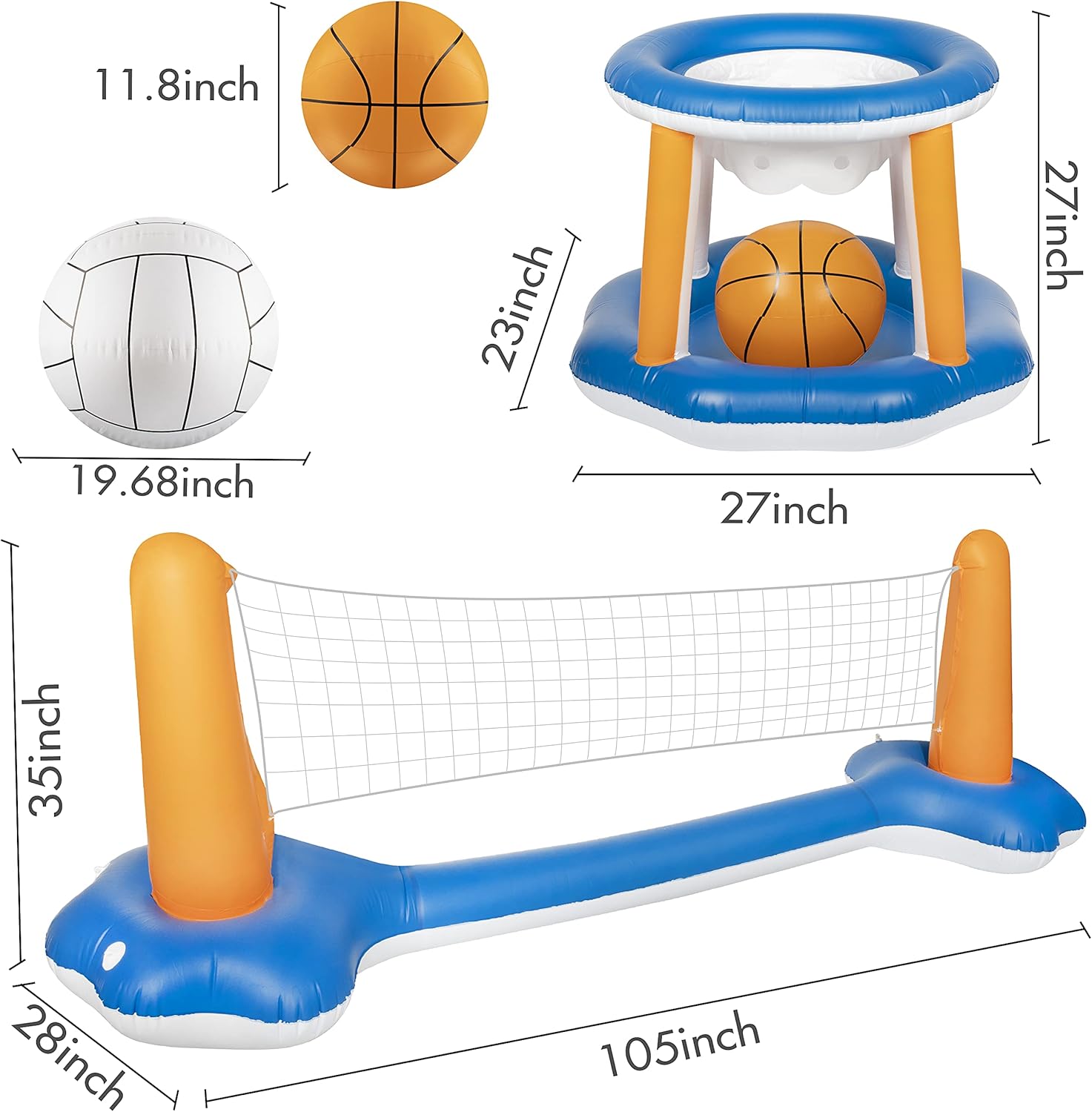 HOOJO Inflatable Pool Games Pool Volleyball Set & Basketball Hoop, Pool Toys for Teens and Adults, 2-Balls Swimming Pool Toys with Volleyball Court(105''x35''x28'' ) & Basketball (27''x27''x23): Toys & Games