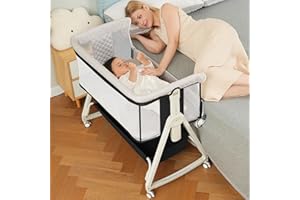 MEICHYUN Baby Bassinet Bedside Sleeper for Baby,Bedside Bassinet with Wheels and Storage Basket,All Mesh Portable Bassinet for Newborn,6 Height Adjustable Easy to Assemble Bedside Crib(Upgrade Black)