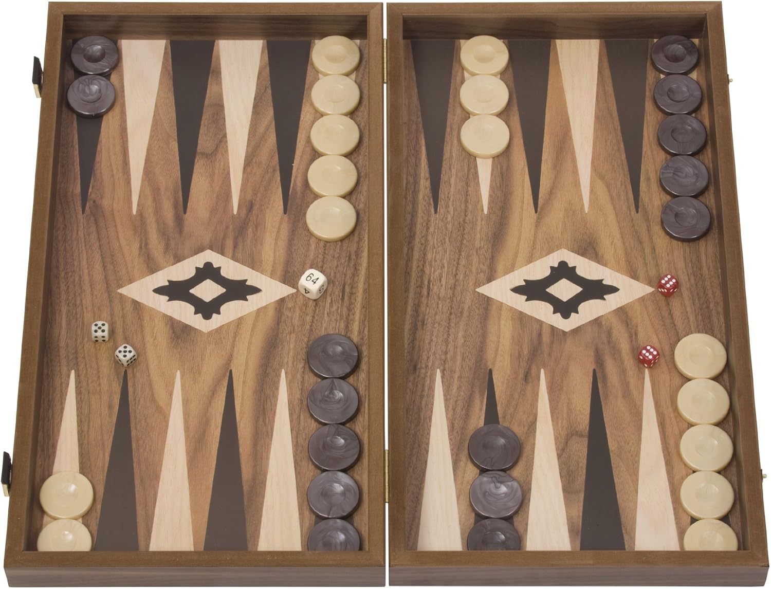 Walnut Backgammon Set - Backgammon Board (47 x 25.5 x 7cm when open) 30 mother of pearl resin counters, Red,white - Image 3