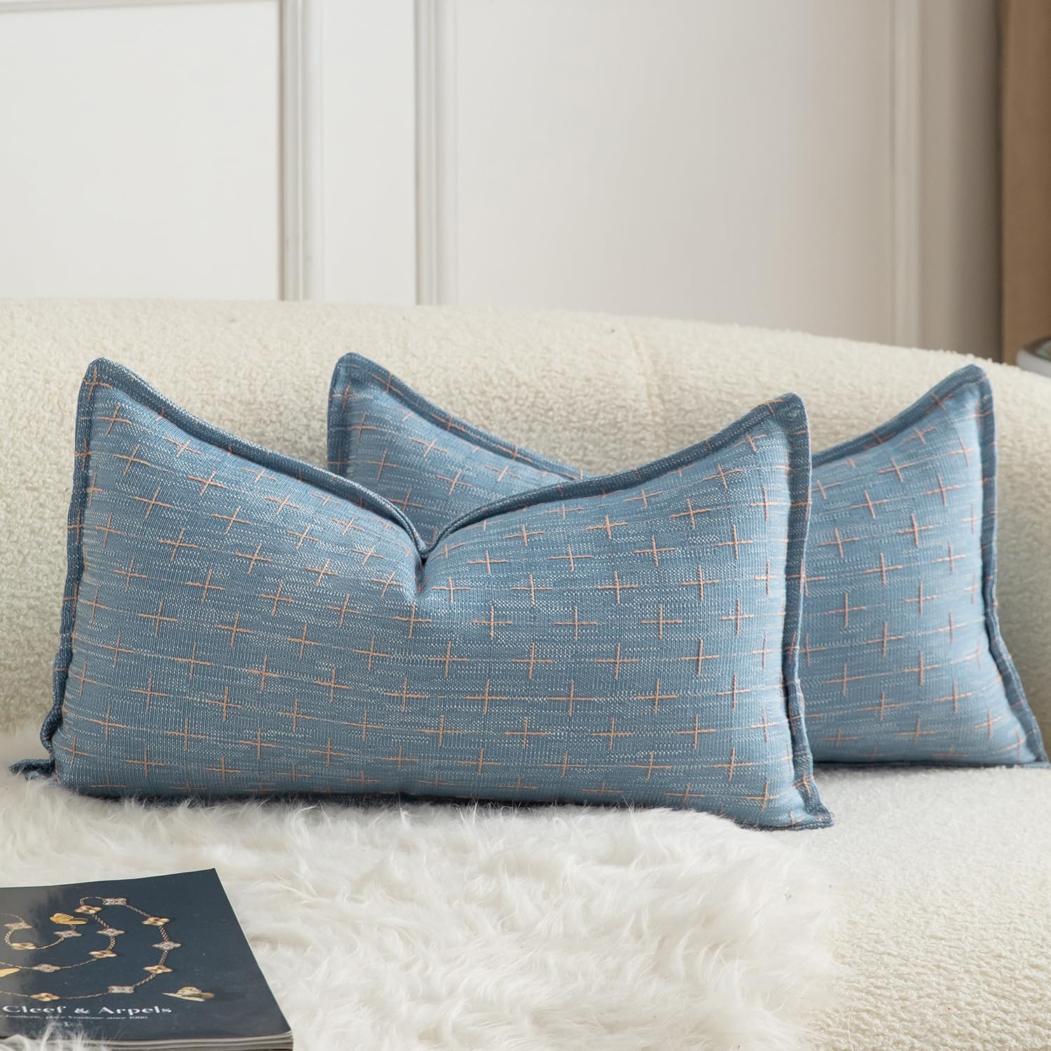 Mandioo Pack of 2 Burlap Linen Cushion Covers Woven Textured Modern Farmhouse Throw Pillow Cases Decorative Couch Sofa Bed Living Room 12 x 20 Inch 30x50 cm Blue